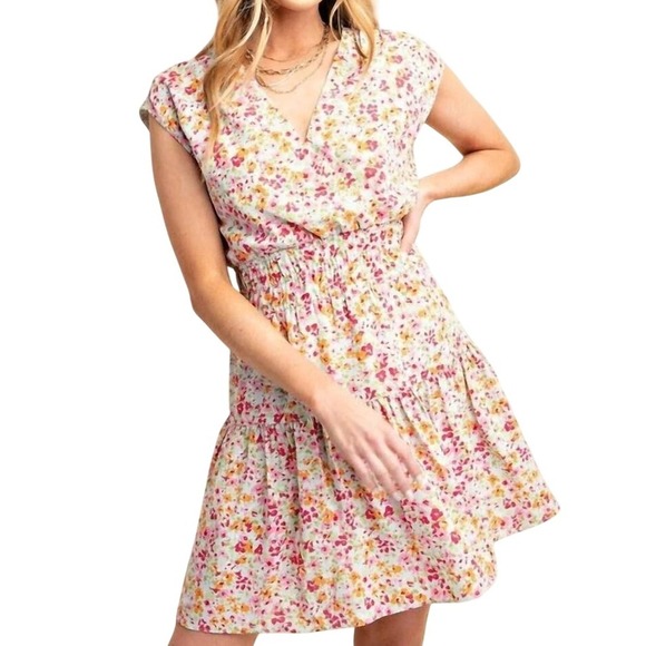 Kori Dresses & Skirts - Kori Sage Combo Dress Mini Elastic Shirring V-Neck Sleeveless Lined Floral